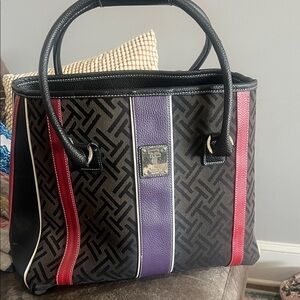 Designer-Inspired Black Tote with Purple and Red Stripe Accents